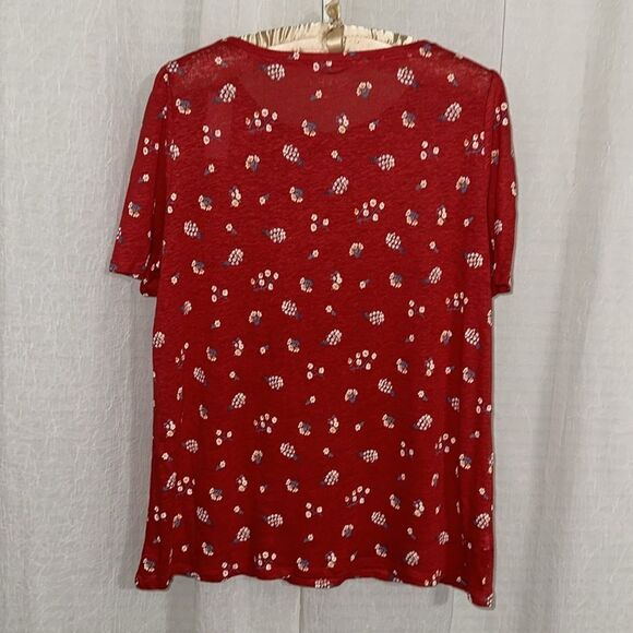 LOFT M Red Floral Linen Short Puff Sleeve Crew Tee Relaxed Fit - Picture 2 of 10